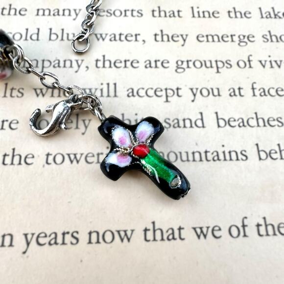Cloisonné Chaplet Rosary Black Enamel Prayer Beads Cross Pink Floral Bracelet - Picture 4 of 4
